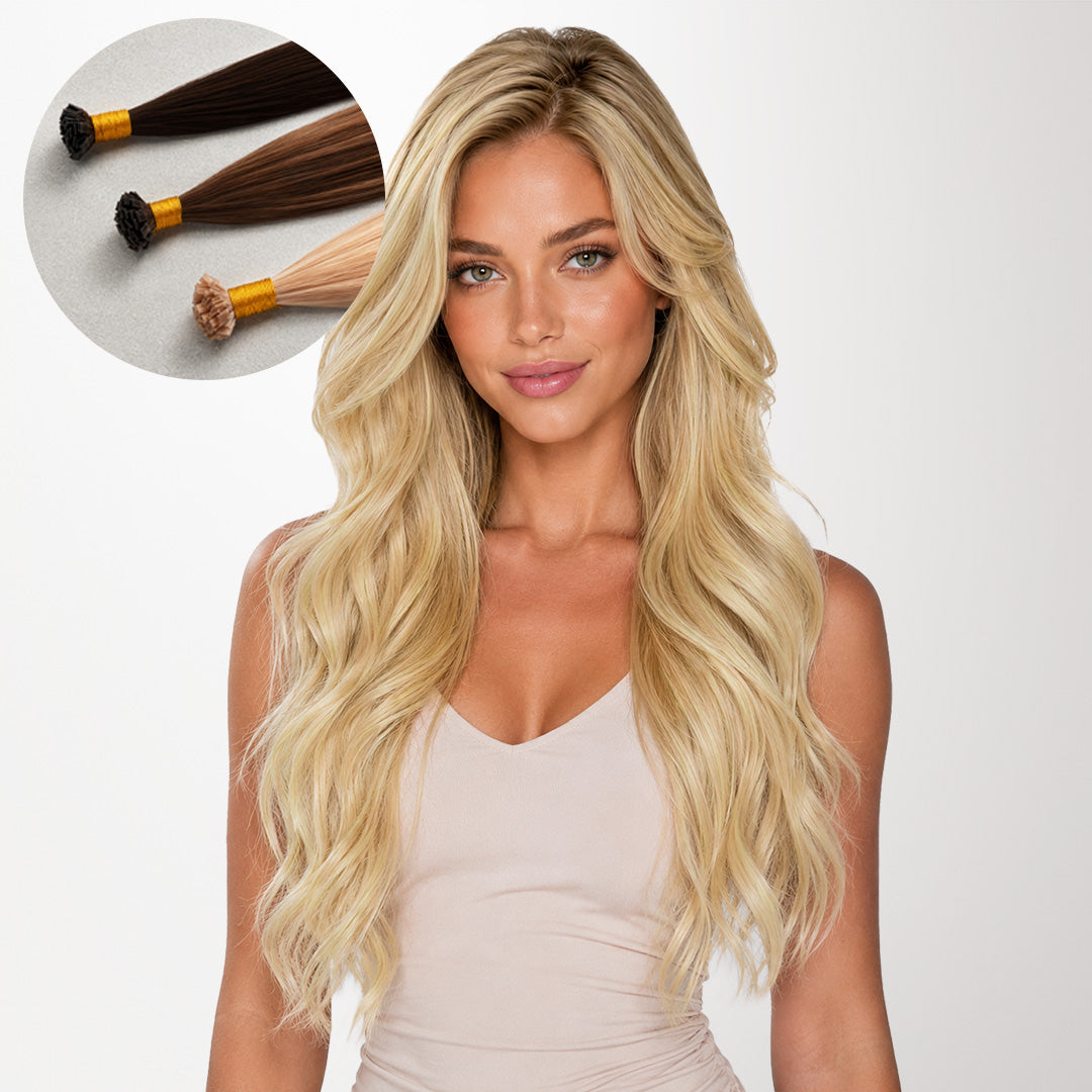  Dirty Blonde Highlights (18D/22F) Flat Tip Hair Extensions 50-60g_100% Remy Human Hair extensions and accessories.