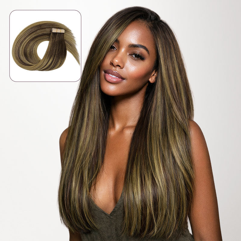  Caramel Blonde Balayage (4/27/4) Silky Straight Tape In Hair Extensions 50g_100% Remy Human Hair.