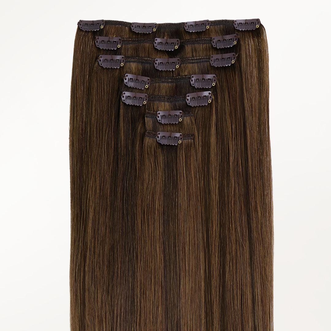 Brown Sugar Swirl Highlights (2C/4E/6C) Classic Clip-Ins (120g-130g)-100% Remy Human Hair.