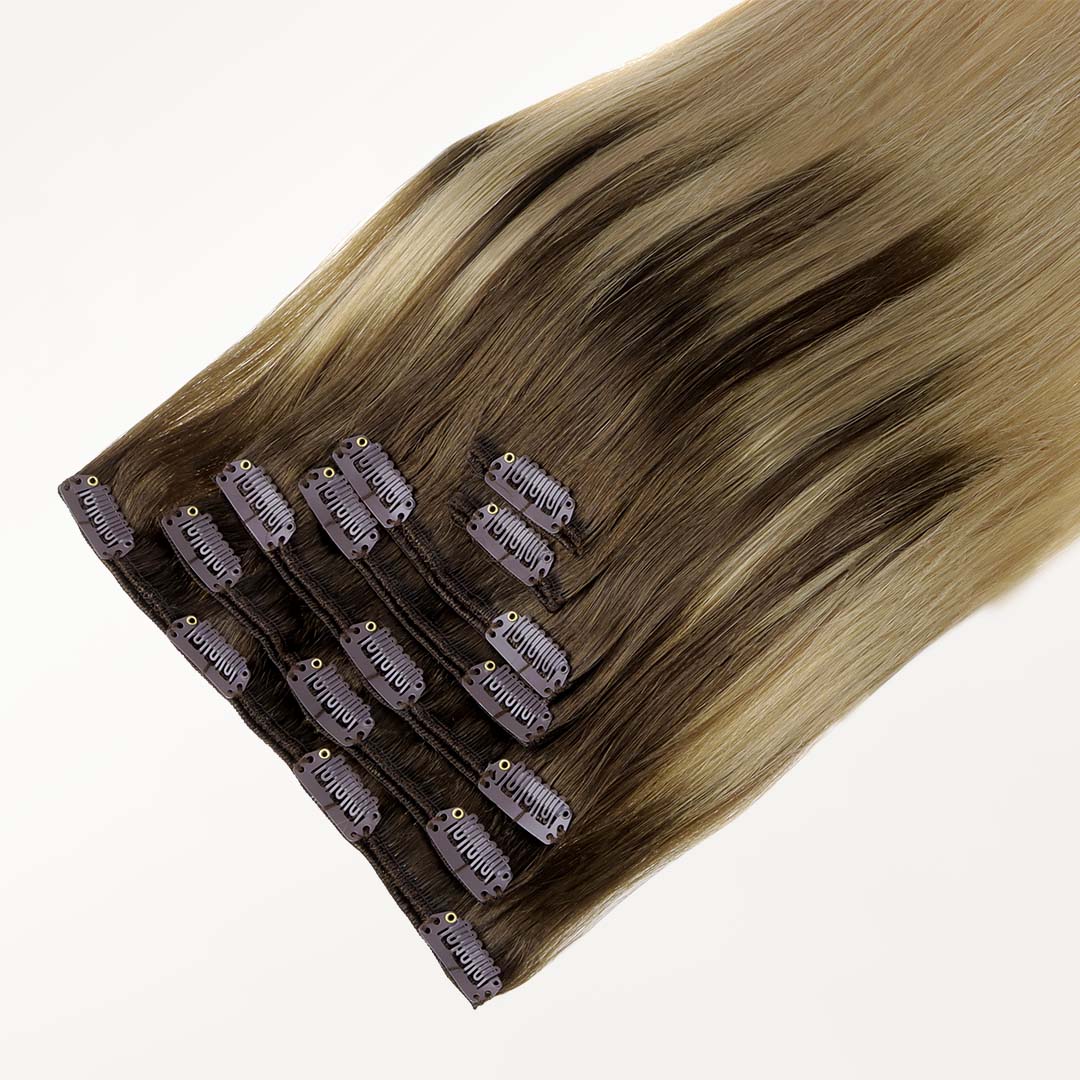 Chocolate Brown to Dirty Blonde (4/18) Classic Clip-Ins (120g) – 100% Remy Human Hair by GOO GOO Hair.