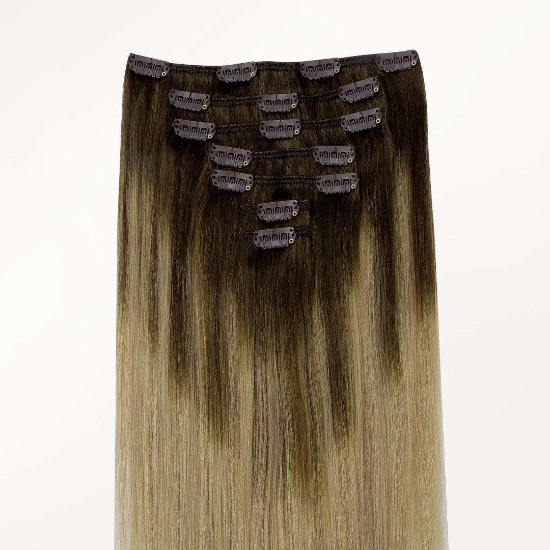 Chocolate Brown to Dirty Blonde (4/18) Classic Clip-Ins (120g) – 100% Remy Human Hair by GOO GOO Hair.