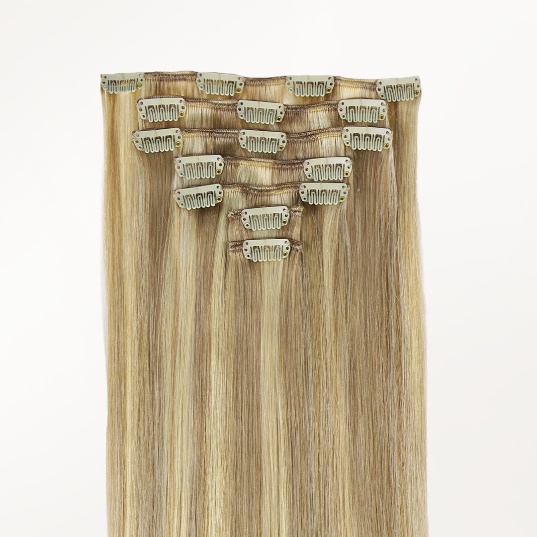 Dirty Blonde Highlights (18D/22F) Classic Clip-Ins (120g) – 100% Remy Human Hair by GOO GOO Hair.