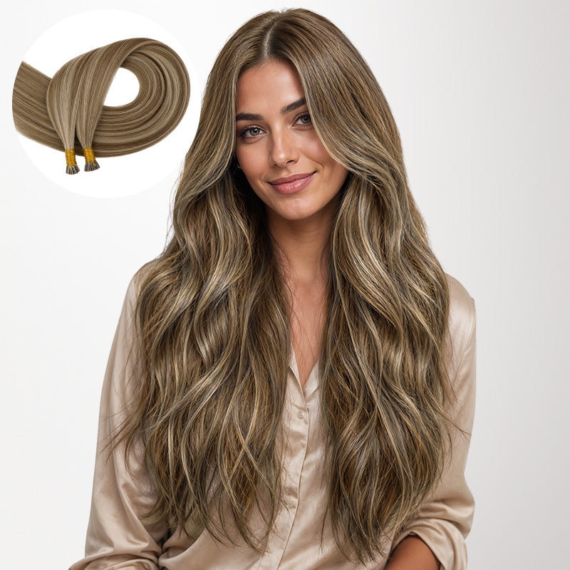  Golden Blonde Highlights (8B/60B) I-Tip Hair Extensions 50g-100% Remy Human Hair.