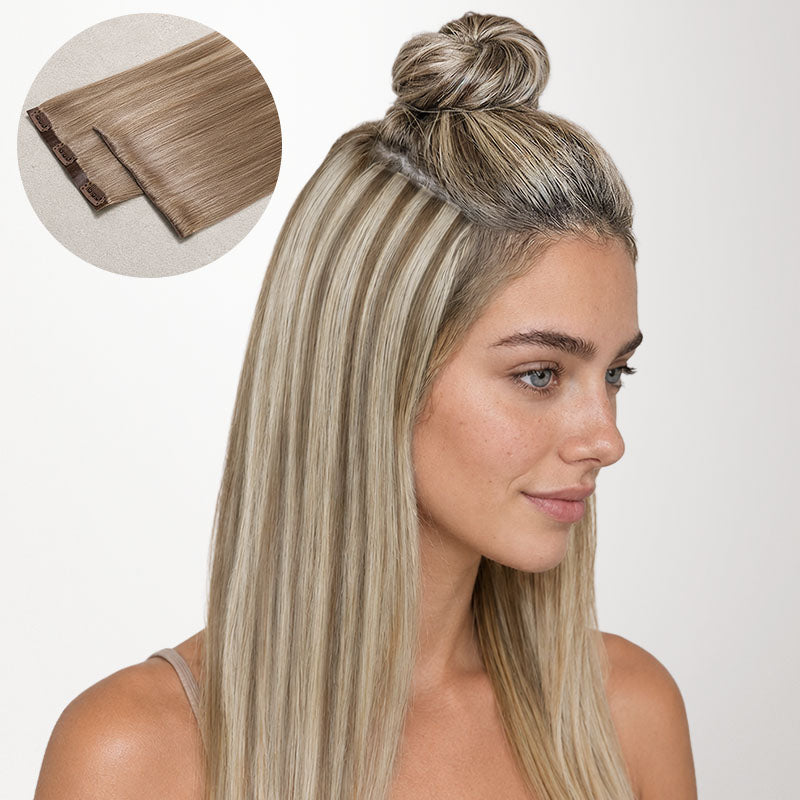 Golden Blonde Highlights (8B/60B) Invisi Edge Seamless Clip-Ins (130g-170g)-100% Remy Human Hair extensions and accessories.