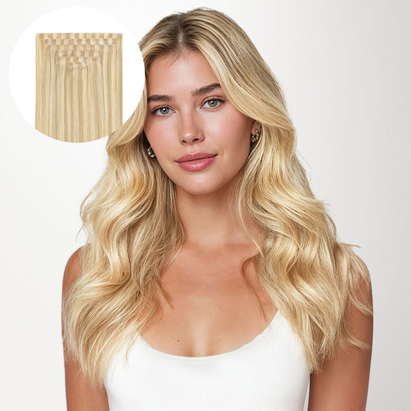 Dark Blonde Highlighted Bleach Blonde (18A/613A) Invisi Edge Seamless Clip-Ins (140g-160g)