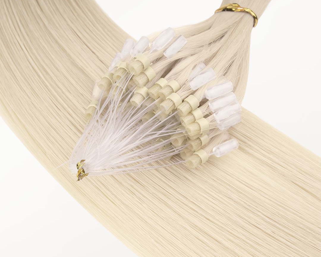Platinum Blonde (60A) Micro Link Tip Hair Extensions – 100% Remy Human Hair by GOO GOO Hair.