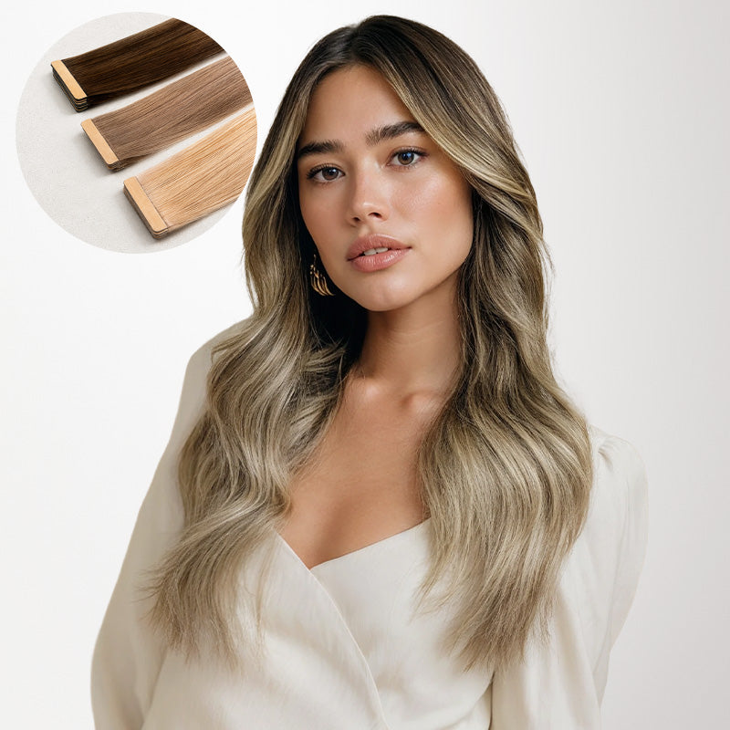 Bleach Blonde Balayage (3/8/613) Tape-Ins 50g_100% Remy Human Hair extensions and accessories.