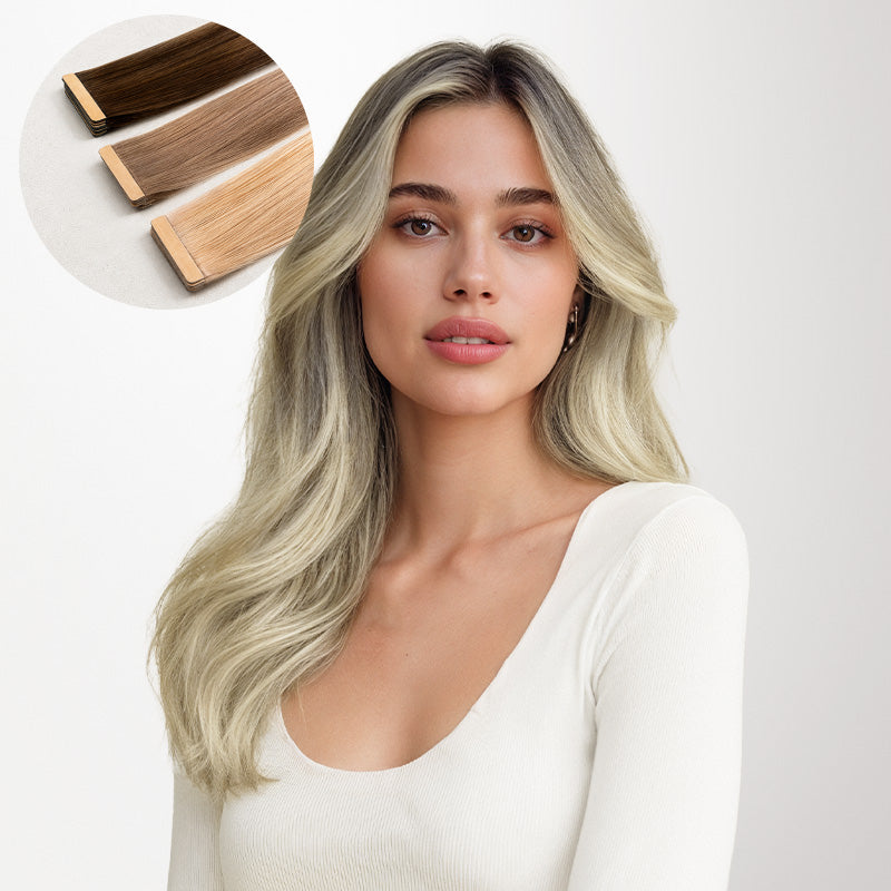 Platinum Blonde Balayage (17/22/60) Tape-Ins 50g_100% Remy Human Hair extensions and accessories.