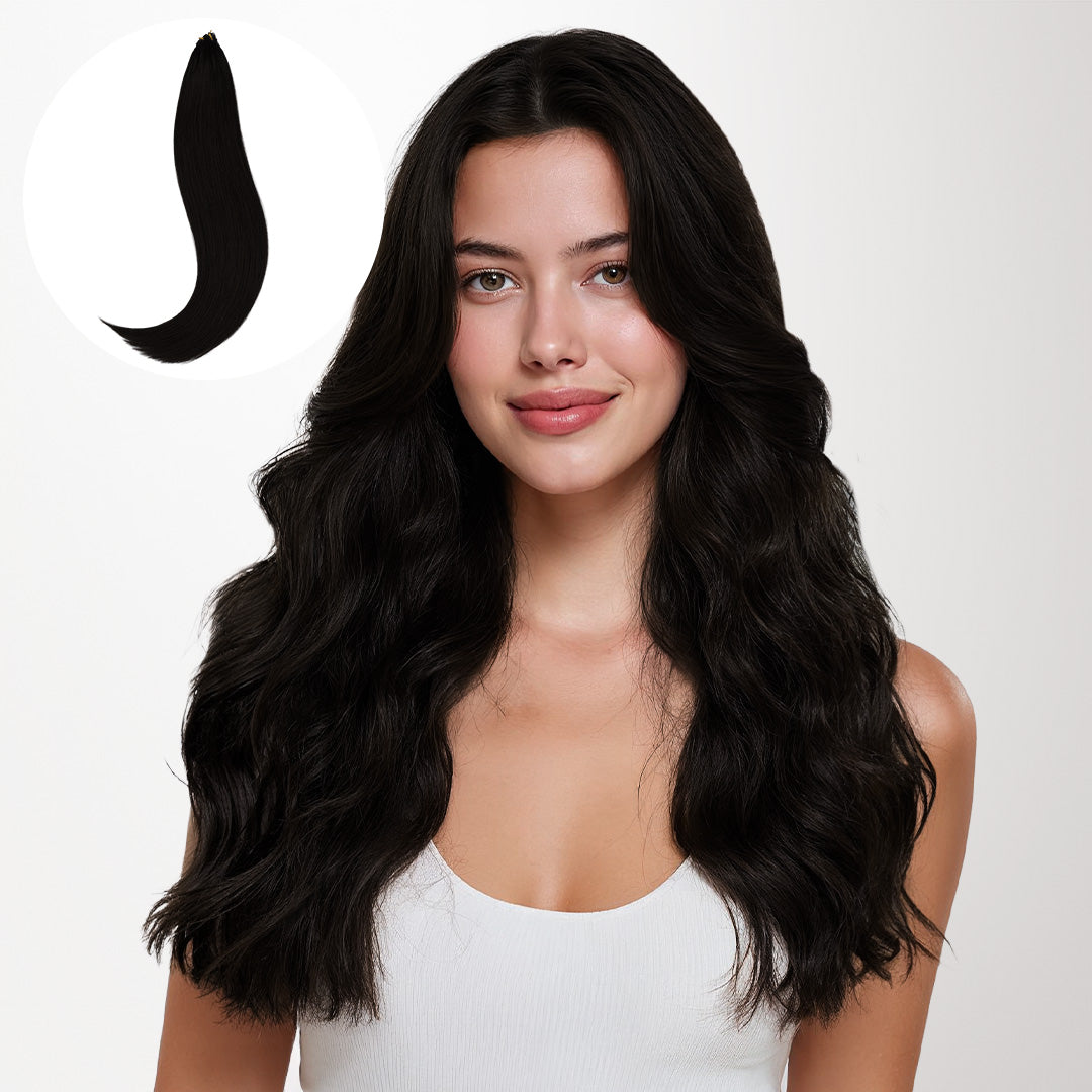 Jet Black (1) Feather Weft Hair Extension (50g-60g)-100% Remy Human Hair.